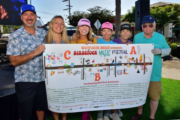 Bird Rock Community Council board member Craig Bender; Crystal White, a BirdStock presenting sponsor; event co-chairwomen and co-founders Merisa Titlow, Arianna Opsvig and Kelsey Martin; and Community Council President Joe Terry attend the 2024 BirdStock Music Festival. (Vincent Andrunas)