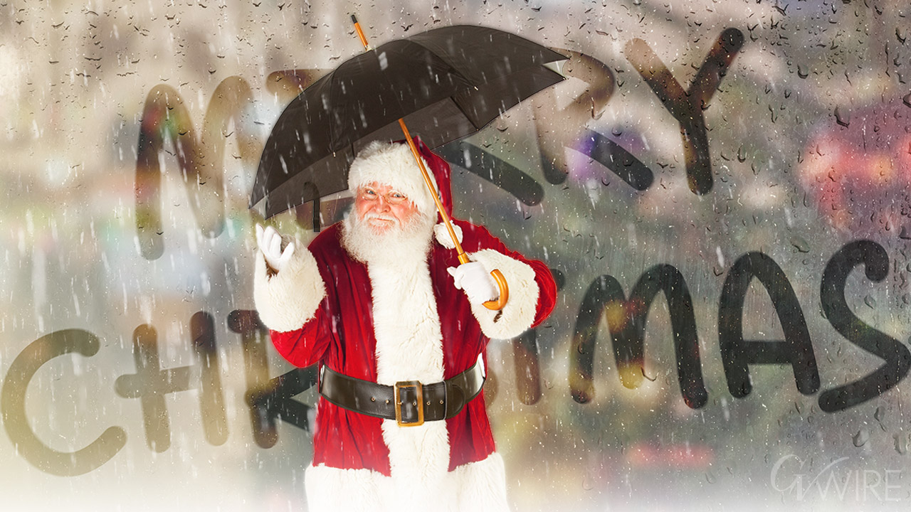 Image of Santa Claus arriving amid Christmas rain