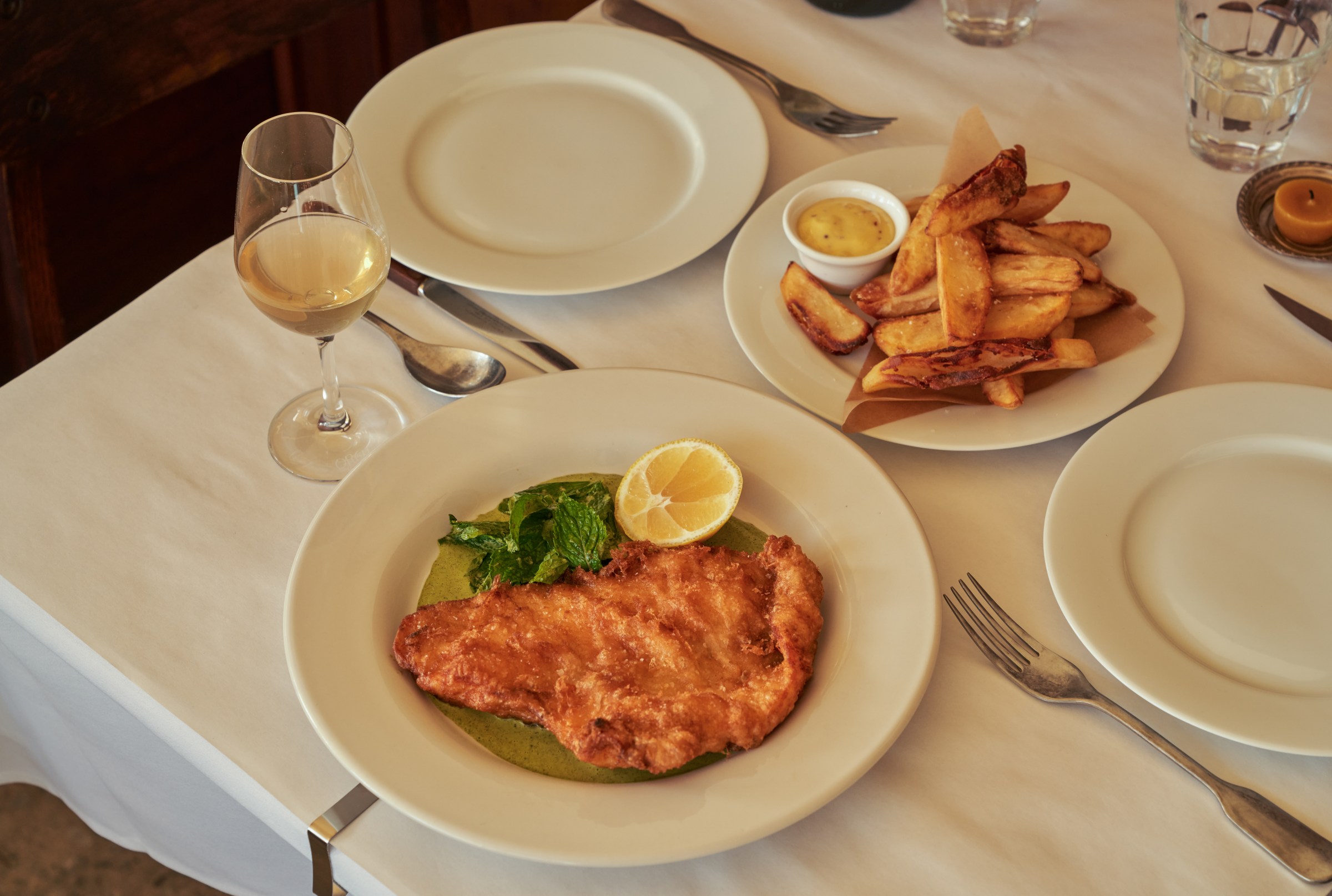 Battered sea bass and mint with a side of fries at Wilde’s