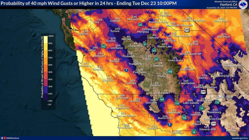 Image of NWS Hanford wind gust forecast issued Dec. 21, 2025