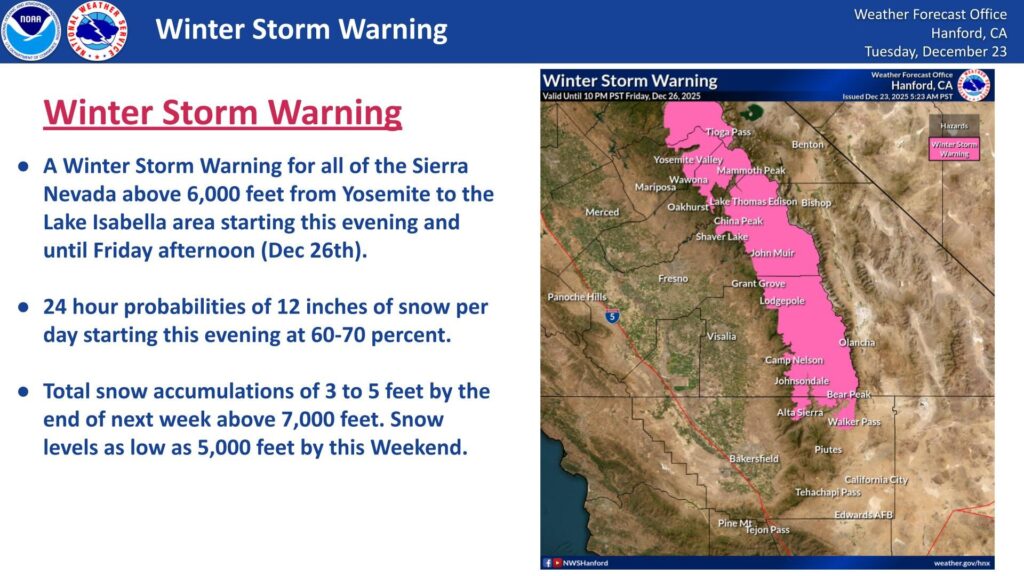 NWS Hanford Graphic of Winter Storm Warning Area