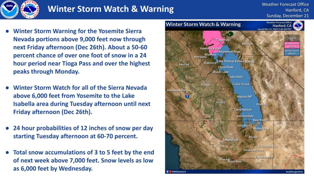 Image of NWS Hanford Winter Storm Warning Issued Dec. 21, 2025