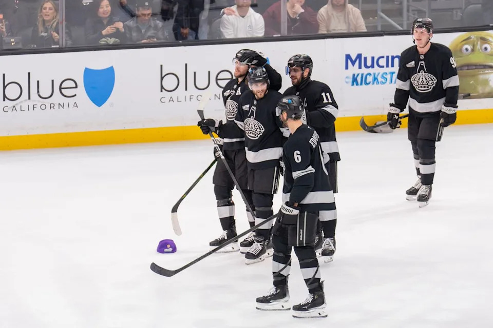 Los Angeles Kings celebrate the hat trick by Alex Laferriere (14) during an NHL game against the Anaheim Ducks, Saturday December 27th, 2025 in Los Angeles, California. 