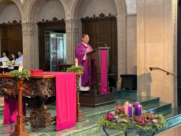 Bishop of San Diego Michael Pham dedicates “Angels Unawares,” a new sculpture on the campus of the University of San Diego, on Dec. 18, 2025. The 8-foot-tall bronze sculpture is a scaled version of one in St. Peter’s Square in Rome that was commissioned by Pope Francis in 2019. Credit: University of San Diego
