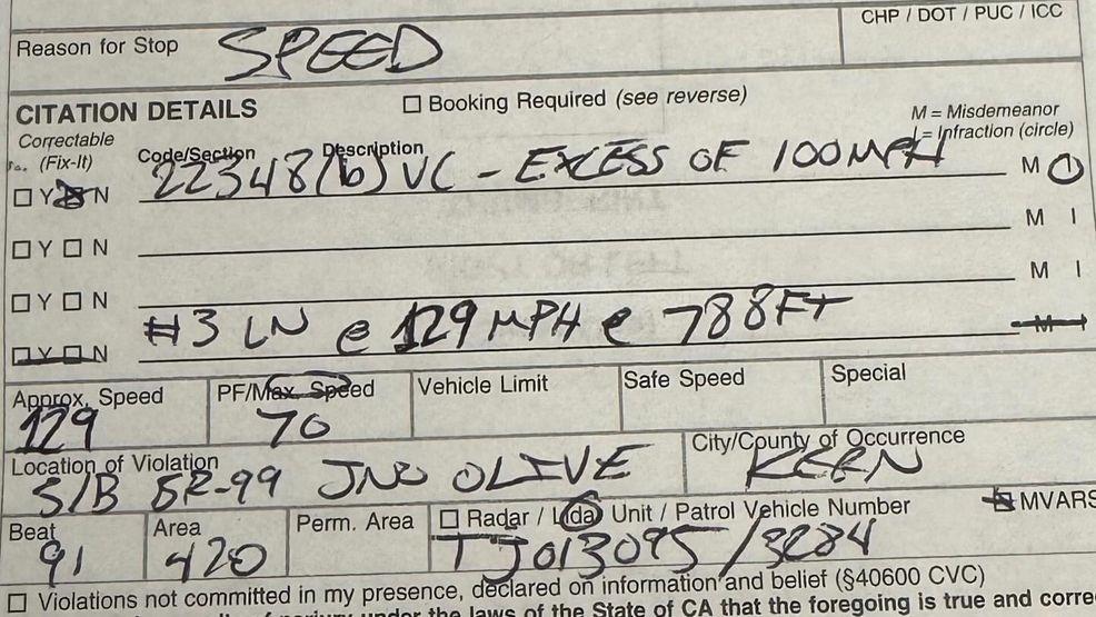 126 mph traffic stop on HWY 99 in Bakersfield (Photo: CHP Bakersfield)