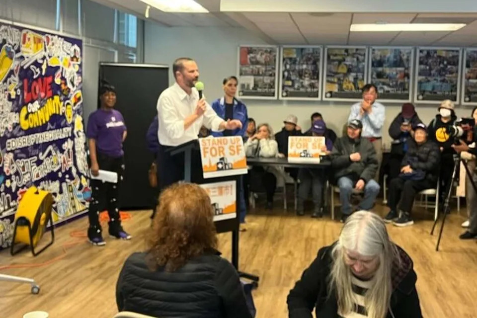 Assembly Member Matt Haney, D-San Francisco, rallies Saturday for the Overpaid CEO Act. (St. John Barned-Smith/S.F. Chronicle)