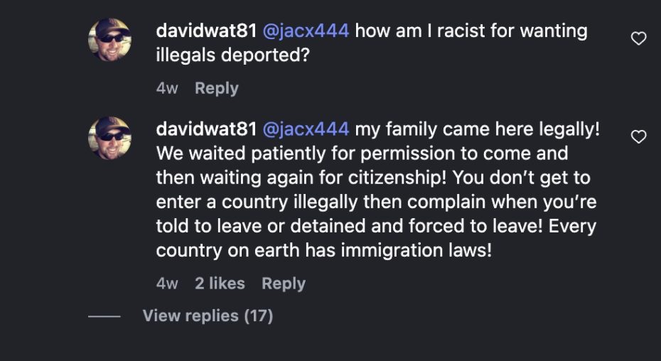 A social media user comments on immigration, stating their family immigrated legally and criticizing those who enter a country illegally and then complain about being told to leave.
