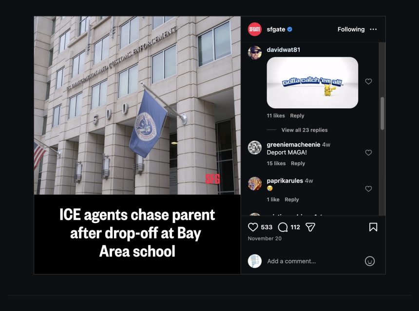 A government building with an ICE flag is shown; a headline reads, "ICE agents chase parent after drop-off at Bay Area school.