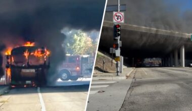 Electric school bus burns under freeway overpass in Lake View Terrace – NBC Los Angeles