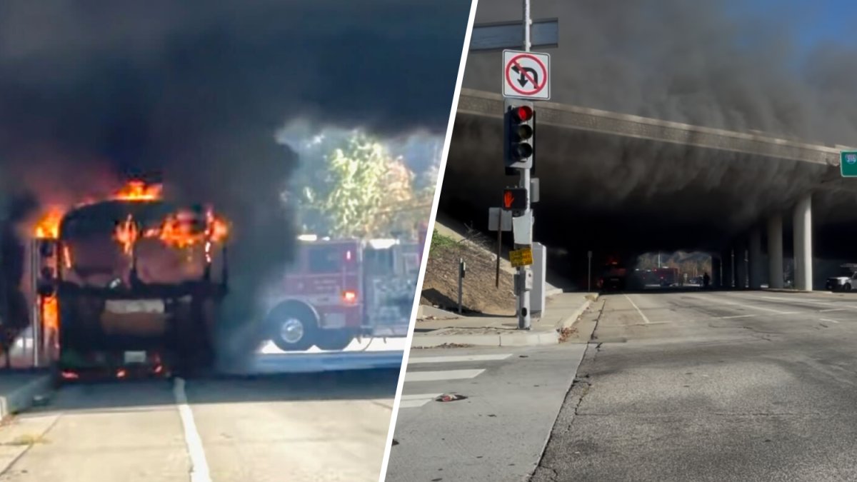 Electric school bus burns under freeway overpass in Lake View Terrace – NBC Los Angeles