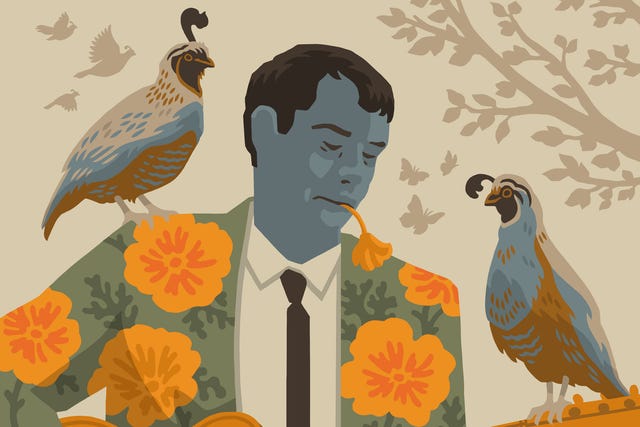 a stylized illustration of john fahey playing an acoustic guitar surrounded by quail and california poppies, evoking the mystical, nature infused spirit of his music.