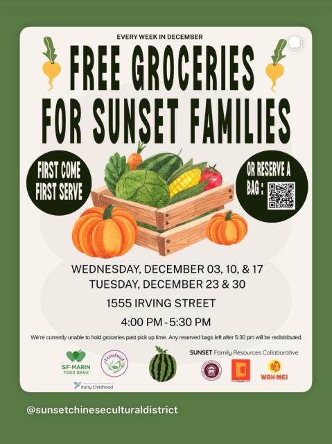 A flyer announces free groceries for Sunset families every Wednesday and select Tuesdays in December, with details about location, time, and reservation options.