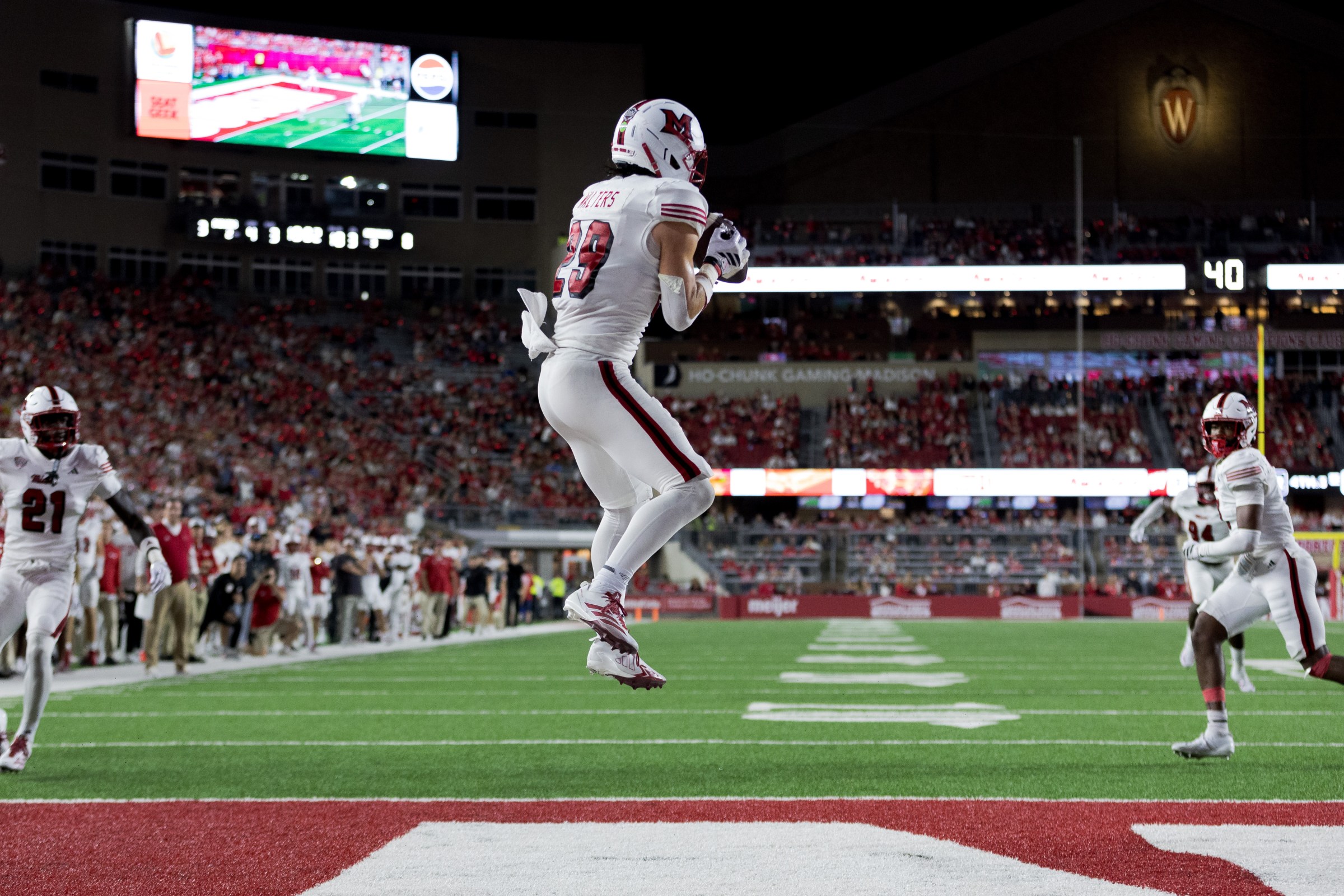 MADISON, WI - AUGUST 28: Miami University Redhawks defensive back Silas Walters (29) intercepts a pass in the endzone durning a college football game between the Miami (OH) Redhawks and the Wisconsin Badgers on August 28, 2025 at Barry Alvarez field inside Camp Randall Stadium in Madison, WI. (Photo by Dan Sanger/Icon Sportswire via Getty Images)