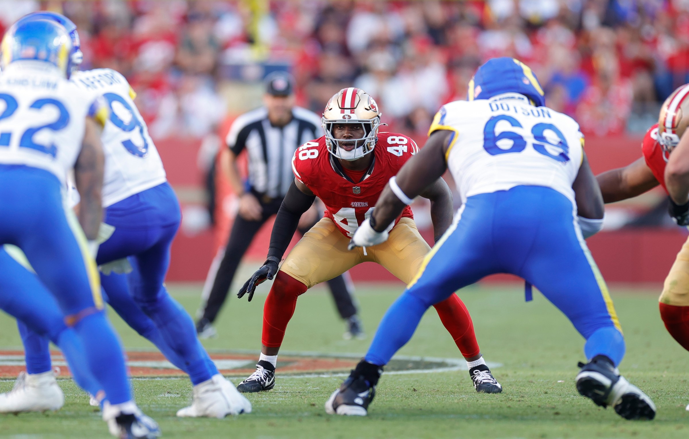 SANTA CLARA, CA - NOVEMBER 9: Tatum Bethune #48 of the San Francisco 49ers defends during the game against the Los Angeles Rams at Levi’s Stadium on November 9, 2025 in Santa Clara, California. The Rams defeated the 49ers 42-26. (Photo by Michael Zagaris/San Francisco 49ers/Getty Images)