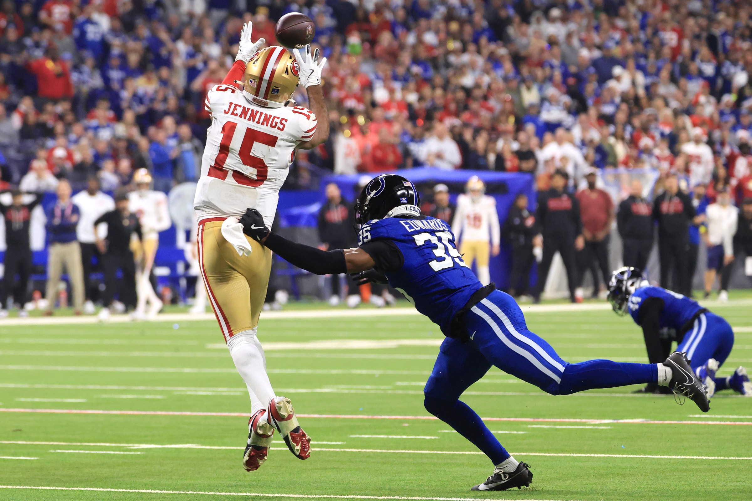 INDIANAPOLIS, INDIANA - DECEMBER 22: Jauan Jennings #15 of the San Francisco 49ers makes a catch during the fourth quarter of the game against the Johnathan Edwards #35 of the Indianapolis Colts at Lucas Oil Stadium on December 22, 2025 in Indianapolis, Indiana. (Photo by Justin Casterline/Getty Images)