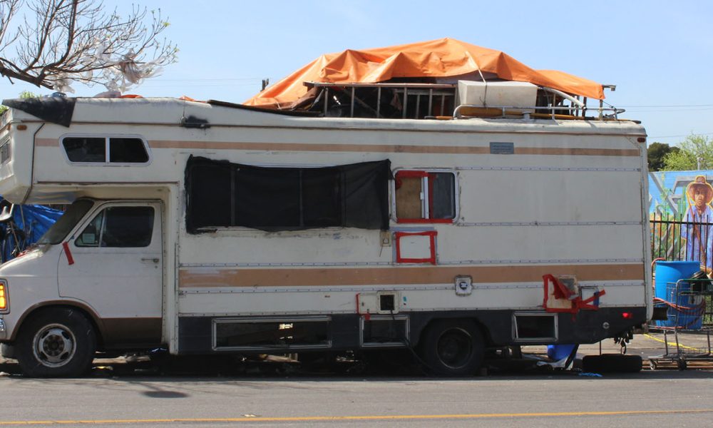Teela Hardy's RV sitting near 106 Avenue and MacArthur Boulevard in East Oakland on April 7, the morning she had to have it towed due to an encampment clearance. Photo by Zack Haber.