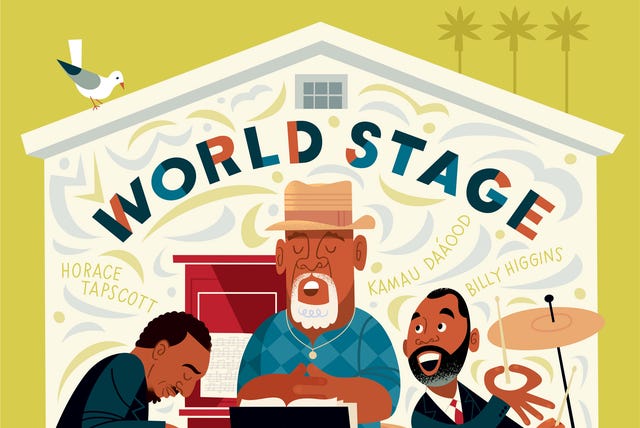 a colorful illustration of horace tapscott, kamau daáood, and billy higgins performing at the world stage in leimert park, capturing the venue’s vibrant jazz legacy.