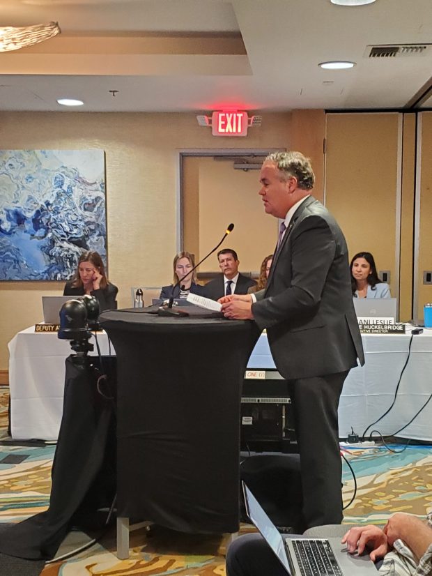 San Diego Parks & Recreation Department Director Andy Field addresses the California Coastal Commission about La Jolla Cove on Dec. 10. (Ashley Mackin-Solomon)