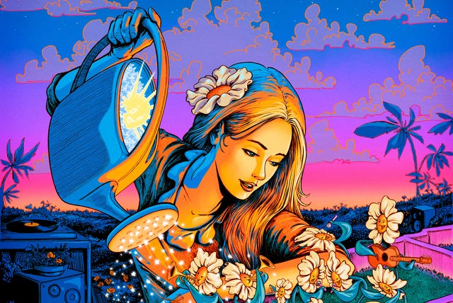 a woman in psychedelic colors waters blooming flowers in a backyard record garden as palm trees and stereo speakers glow at sunset .
