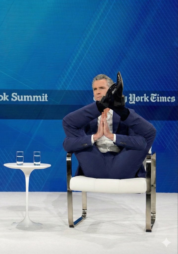 Gavin Newsom sits in a chair with his feet up, knees bent, and hands pressed together in a prayer-like gesture, with a blue background.