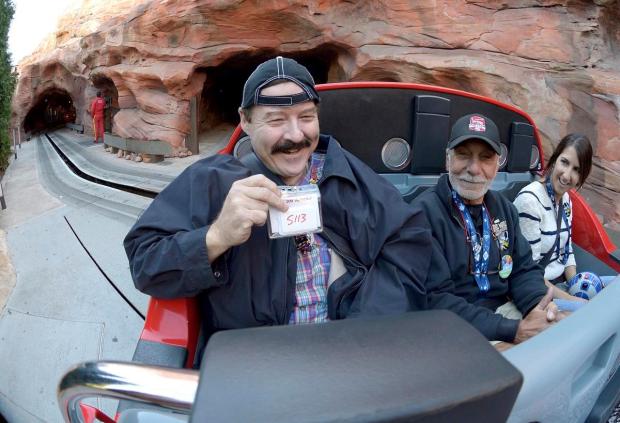 Jon Hale showed off his tracker as he started his 5,114th time riding Radiator Springs Racers at Disney California Adventure in Anaheim in November 2015. (Photo by Jeff Gritchen, Orange County Register/SCNG)