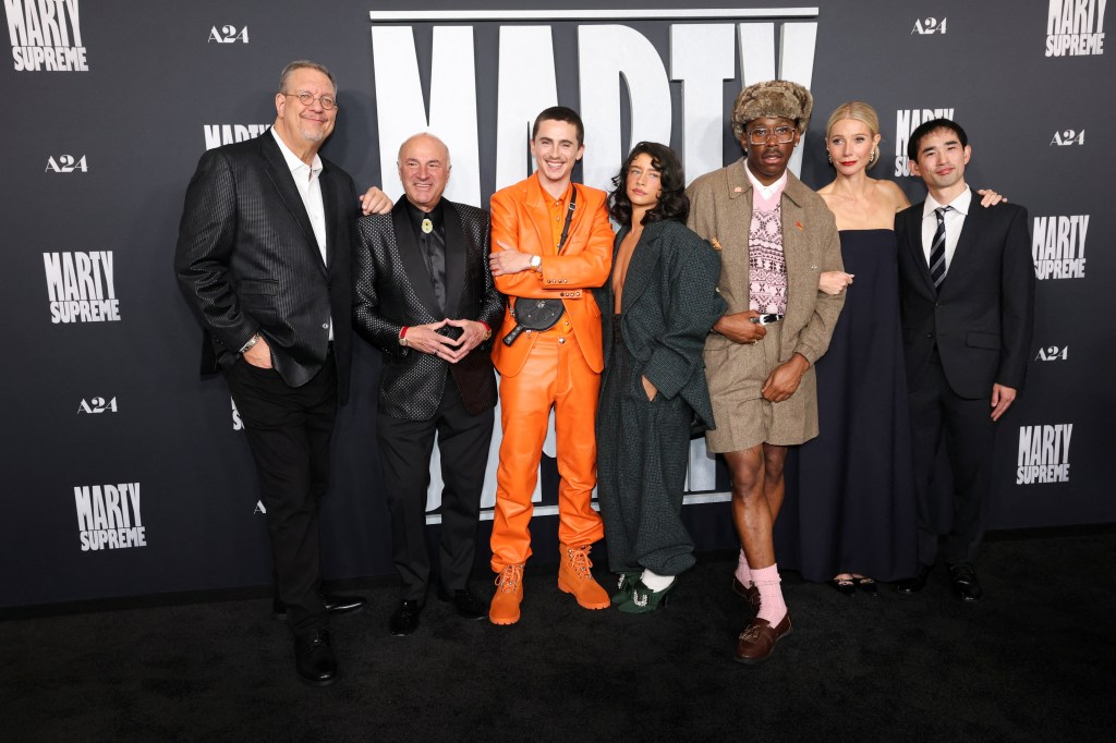 Penn Jillette, Kevin O'Leary, Timothee Chalamet, Odessa A'zion, Gwyneth Paltrow, Koto Kawaguchi, and Tyler, The Creator attend the "Marty Supreme" premiere