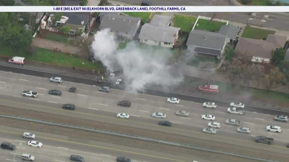 Vehicle catches fire after crash along I-80 in Sacramento County
