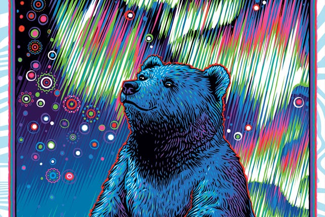 a psychedelic, neon colored illustration of a bear surrounded by swirling lights, evoking the trippy visual culture of early grateful dead acid tests.