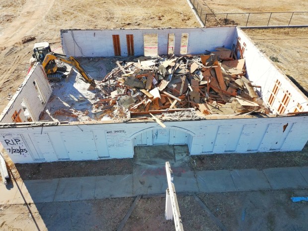 Ramona resident Sherman Poulsen got a bird's eye view (with a drone) of the Main Street building during its demolition. (Sherman Poulsen) default