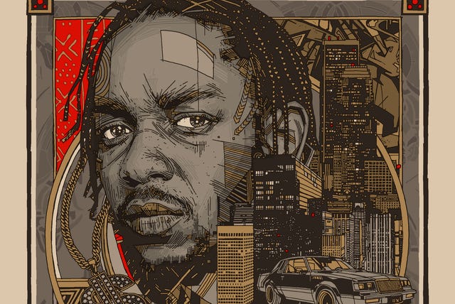 a stylized illustration of kendrick lamar framed by los angeles skyscrapers, lowriders, and dice—evoking the history and iconography of west coast hip hop.