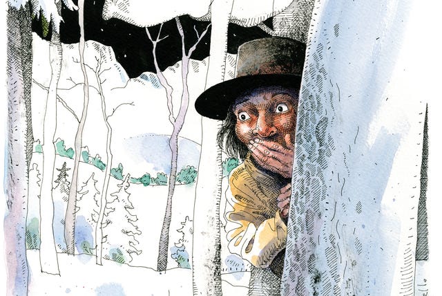 illustration of a washoe man hiding behind a tree in a snowy forest, staring in shock as a giant skull looms overhead—evoking the horror and historical trauma depicted in rabbit boss.