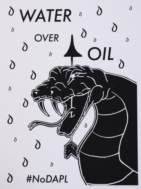 Black and white illustration showing a snake pierced by a spear, surrounded by water droplets. The text reads “Water over oil” and “#NoDAPL.”.