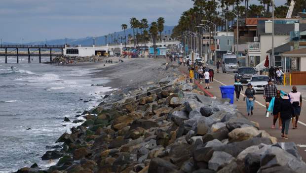 Sand has diminished along the Oceanside coast, shown here along The Strand on Thursday, April 4, 2024. (K.C. Alfred / The San Diego Union-Tribune)