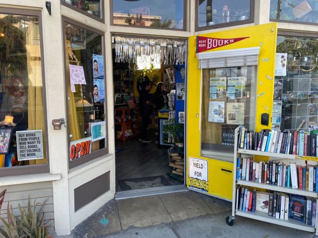 A view of the entrance to Libelula Books and Co. in Barrio Logan. (Abby Hamblin / The San Diego Union-Tribune)