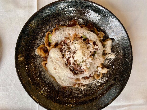 The Smoked Beef Cheek Shanghai Noodle dish at 24 Suns restaurant in Oceanside. (Pam Kragen - The San Diego Union-Tribune)