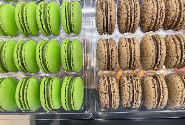 Pistachio, left, and coffee macaron cookies at the new Christophe Rull Patisserie in the North City community of San Marcos. (Pam Kragen / The San Diego Union-Tribune)