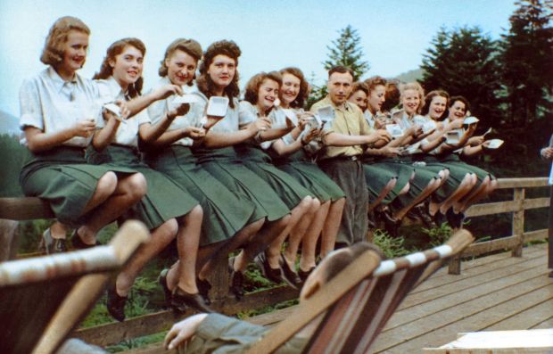 This photo of young women enjoying blueberries outside the Auschwitz Nazi concentration camp during World War II inspired the play "Here There Are Blueberries," which made its world premiere at La Jolla Playhouse in 2022. (La Jolla Playhouse)