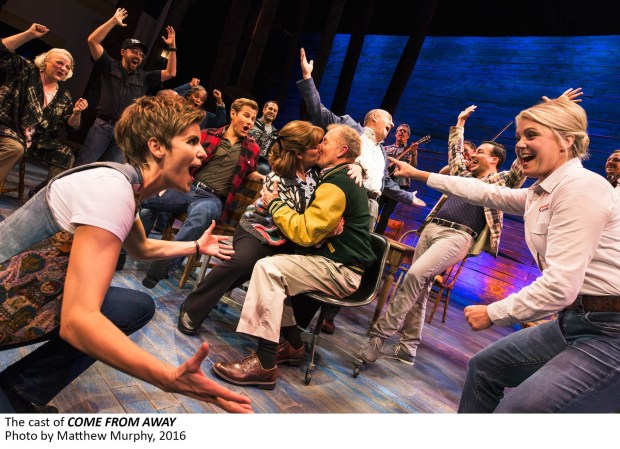 A scene from the 2017 Broadway production of "Come From Away," which premiered at La Jolla Playhouse in 2015. Playhouse artistic director Christopher Ashley won a Tony Award for directing the musical. (Matthew Murphy)