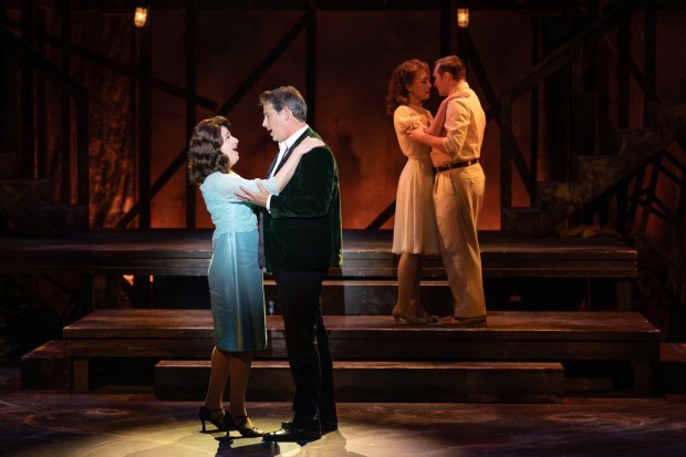 Sandy Campbell and David Humphrey as Sally and Ben, left, and Audrey Deubig and Drew Bradford as the younger versions of their characters in Cygnet Theatre's "Follies" at The Joan in Arts District Liberty Station. (Karli Cadel)