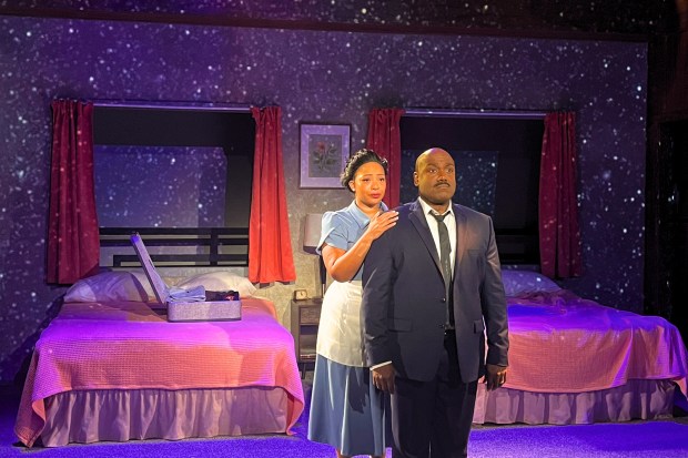 Taylor Renee Henderson, left, and DeAndre Simmons star in New Village Arts' "The Mountaintop." (New Village Arts)