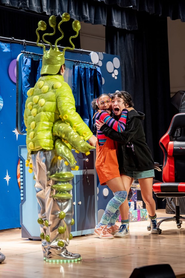 Giancarlo Lugo, left, Jamaelya Hines and Mikaela Rae Macias in La Jolla Playhouse's 2025 Performance Outreach Program (POP) Tour production of "The Weather Busters of Beachcastle." (Jenna Jo)