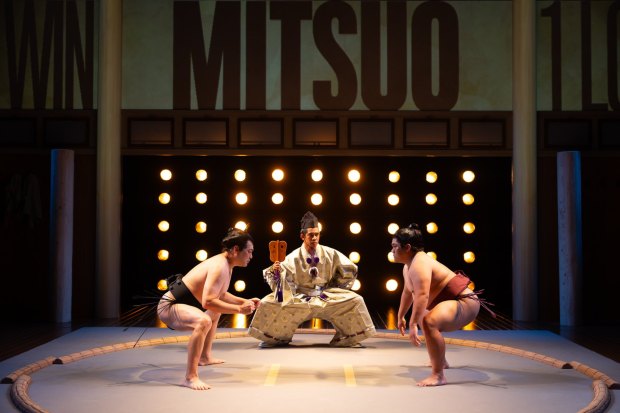 David Shih, left, Ryan Nebreja and Kris Bona in the 2023 world premiere of Lisa Sanaye Dring's play "Sumo," co-produced by La Jolla Playhouse and Ma-Yi Theater. (Rich Soublet II)