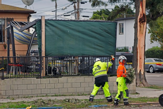 San Diego, CA - December 24: Crews clear debris after branches from tree at the corner of Marlborough Avenue and Wightman Street in City Heights fell and killed a man during high winds on December 24, 2025 in San Diego, CA. One branch fell on a patio, left, and another split from the tree at right striking the victim. (K.C. Alfred / The San Diego Union-Tribune)