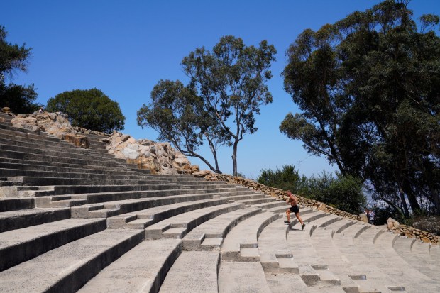 Josh Mouzakes, who works as a chef, gets his workout in running the steps at Mt. Helix Park on Tuesday, Sept. 3, 2024, in La Mesa, CA. (Nelvin C. Cepeda / The San Diego Union-Tribune)
