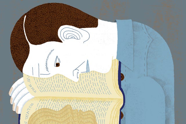 illustration of a man bending over an open book, a face shaped indentation emerging from the pages, symbolizing how criticism and mentorship imprint on a writer’s identity.
