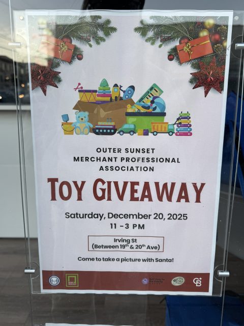 Poster for a Toy Giveaway event by the Outer Sunset Merchant Professional Association on December 20, 2025, from 11 AM to 3 PM on Irving St; Santa photo opportunity mentioned.