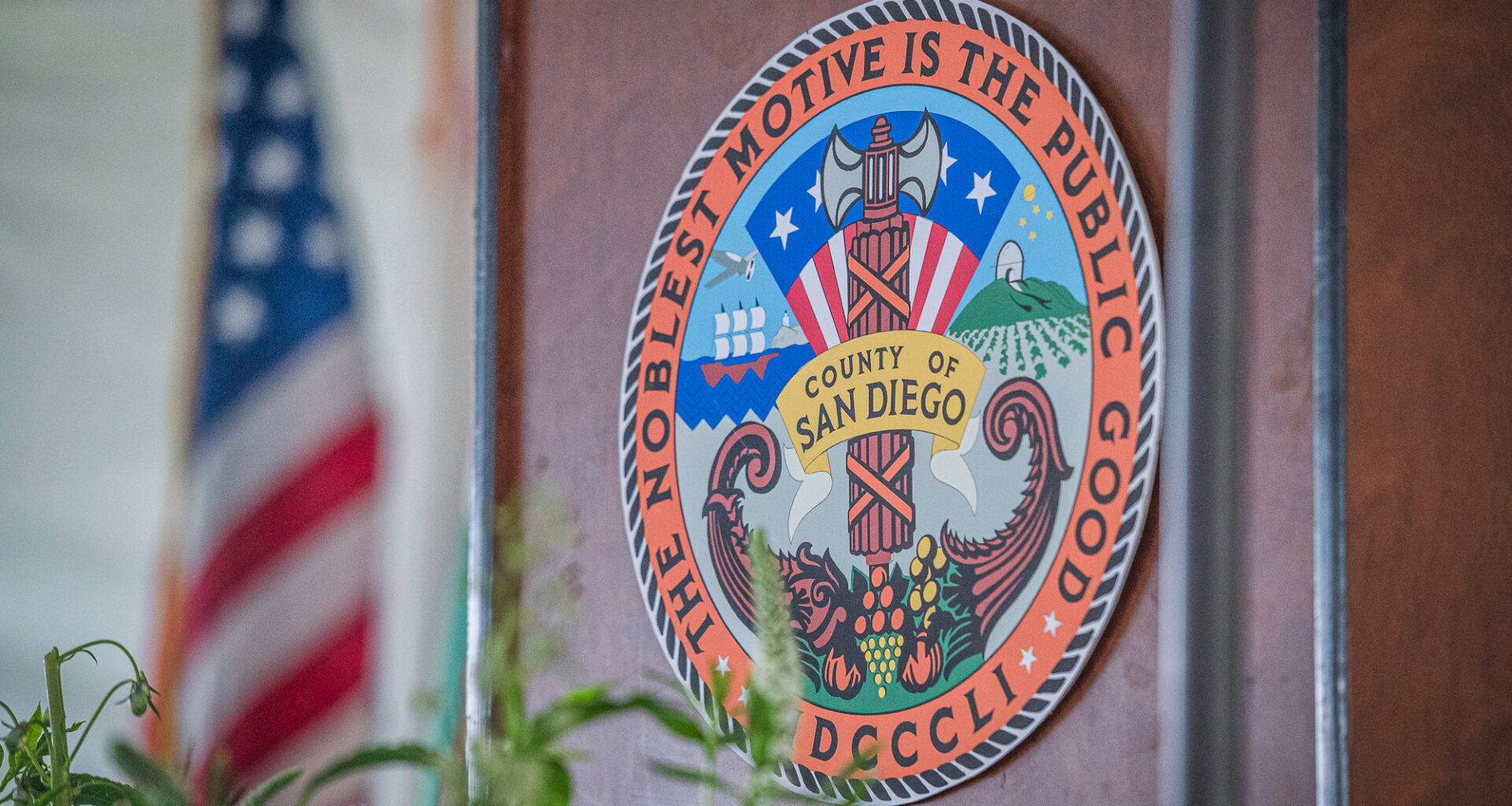 The podium at the swearing in ceremony of County of Supervisors District One Paloma Aguirre at Waterfront Park, downtown San Diego on July 22,2025.