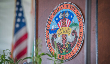 The podium at the swearing in ceremony of County of Supervisors District One Paloma Aguirre at Waterfront Park, downtown San Diego on July 22,2025.
