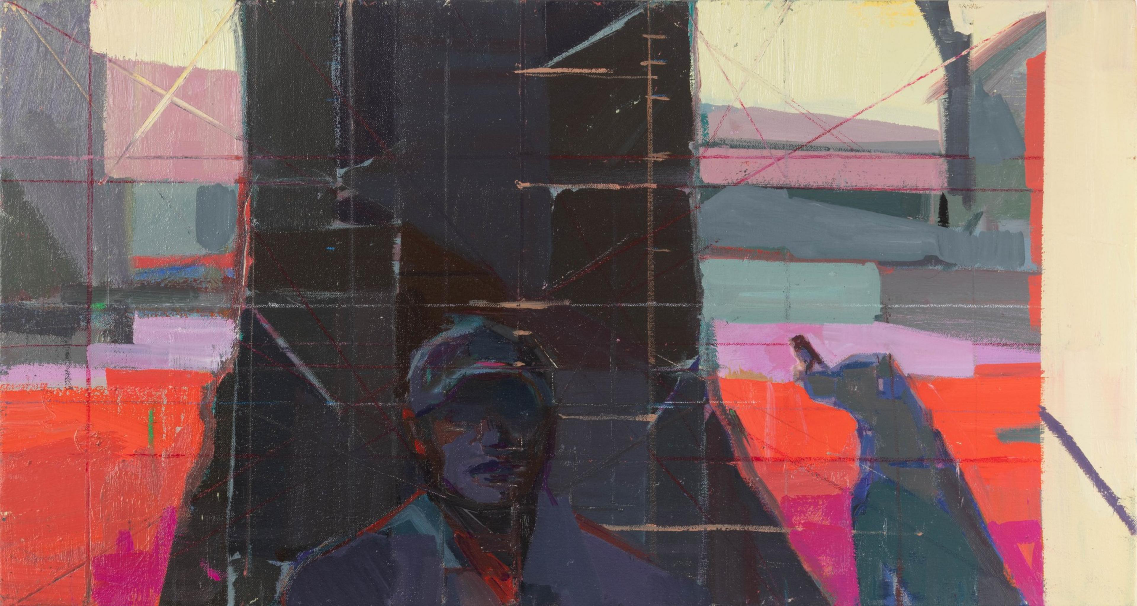 A dark-toned figure wearing a cap sits in front of a tall black structure, with bright red, purple, and gray abstract backgrounds.