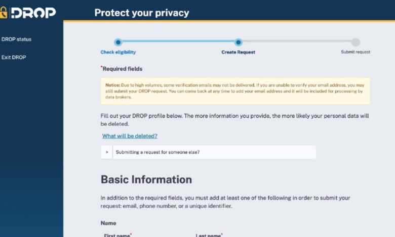 Screenshot of a California state agency web page for a new program, DROP, to help residents with data privacy.